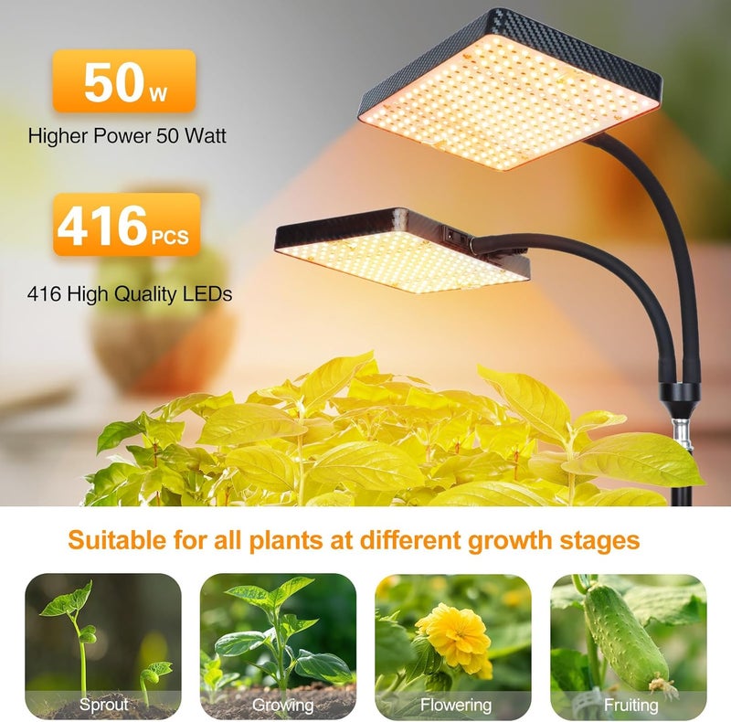 FECiDA 2-Head Grow Light with Stand 50W, 2025 Grow Lights for Indoor Plants, Full Spectrum LED Plant Grow Light for Houseplants, Bonsai Tree, 4,8,12,16 Hr Timer and 360° Gooseneck - Image 2